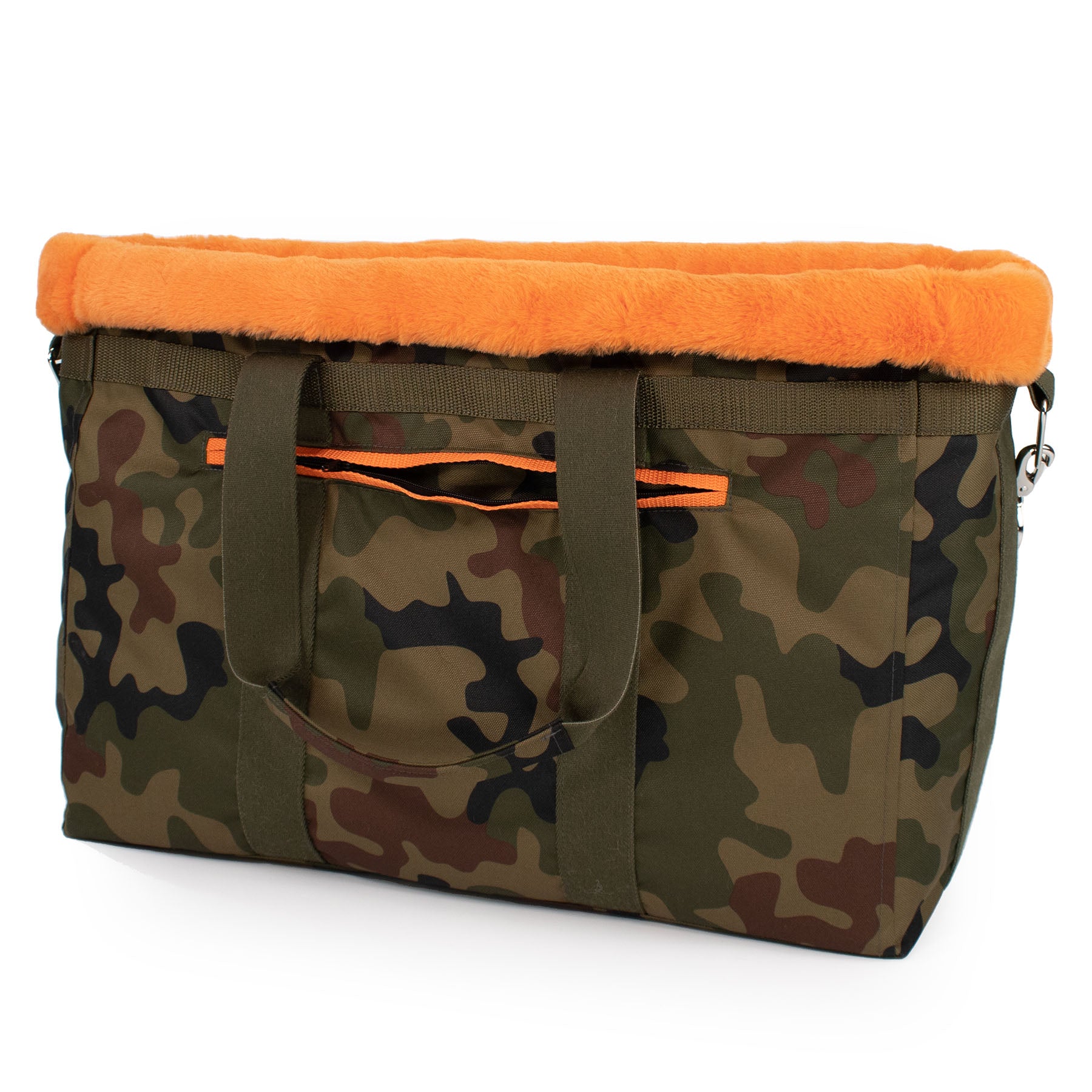 Rückansicht einer Tragetasche in Camo-Orange für Hunde mit weicher Polsterung und Gurt, um es als Umhängetasche zu nutzen.